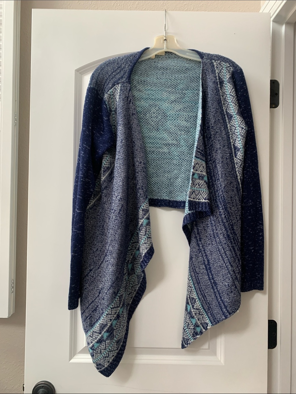 Open-Front Blue Patterned Women's Cardigan Sweater
